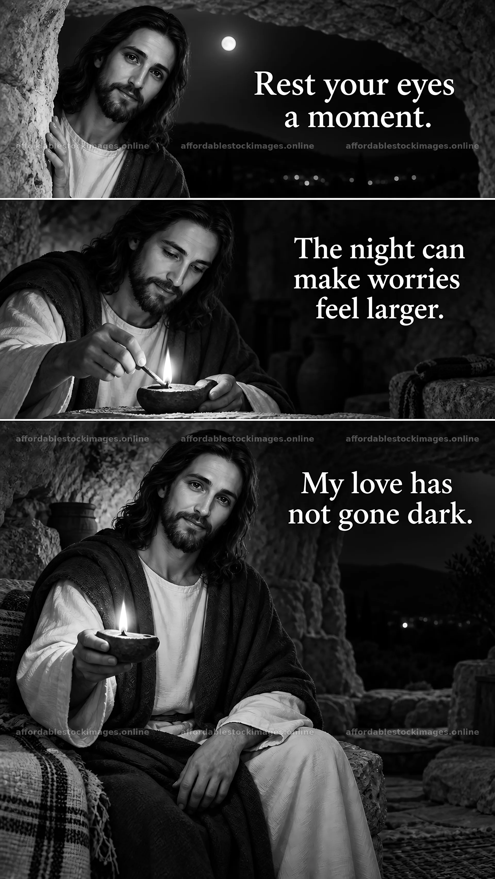 Jesus Christ comforting a person with a light in a dark night – stock images 5811x10326
