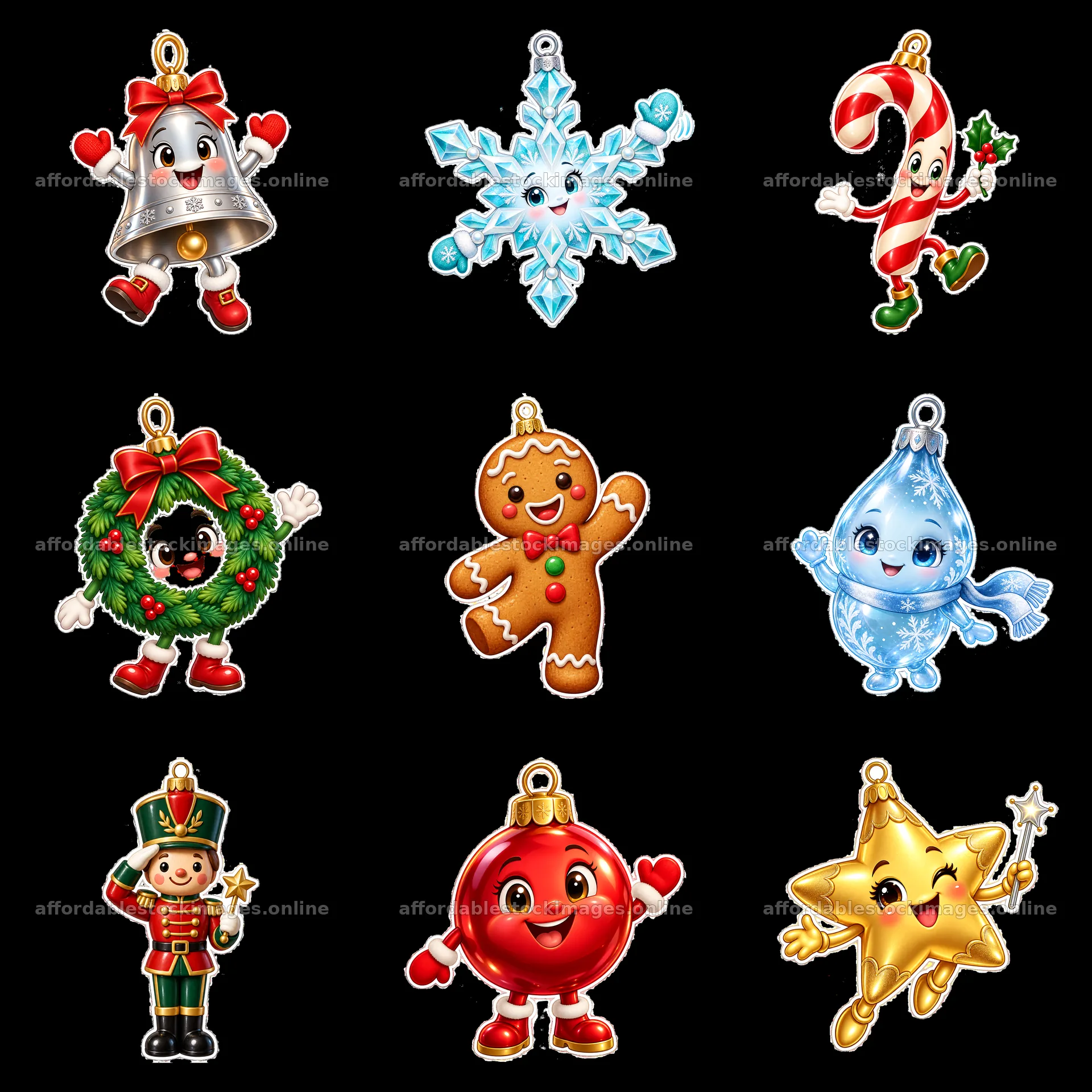 Nine cartoon figure stickers in a square arrangement – stock images 7746x7746