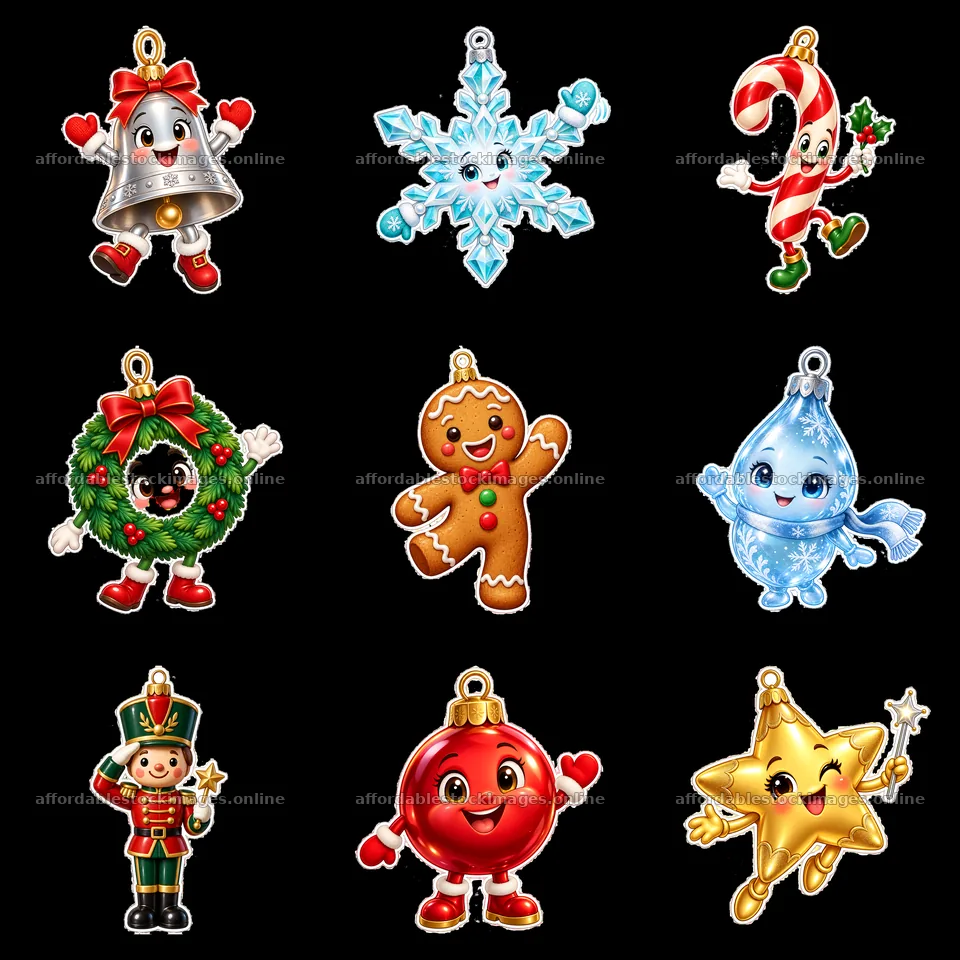 Nine cartoon figure stickers in a square arrangement – stock images 7746x7746