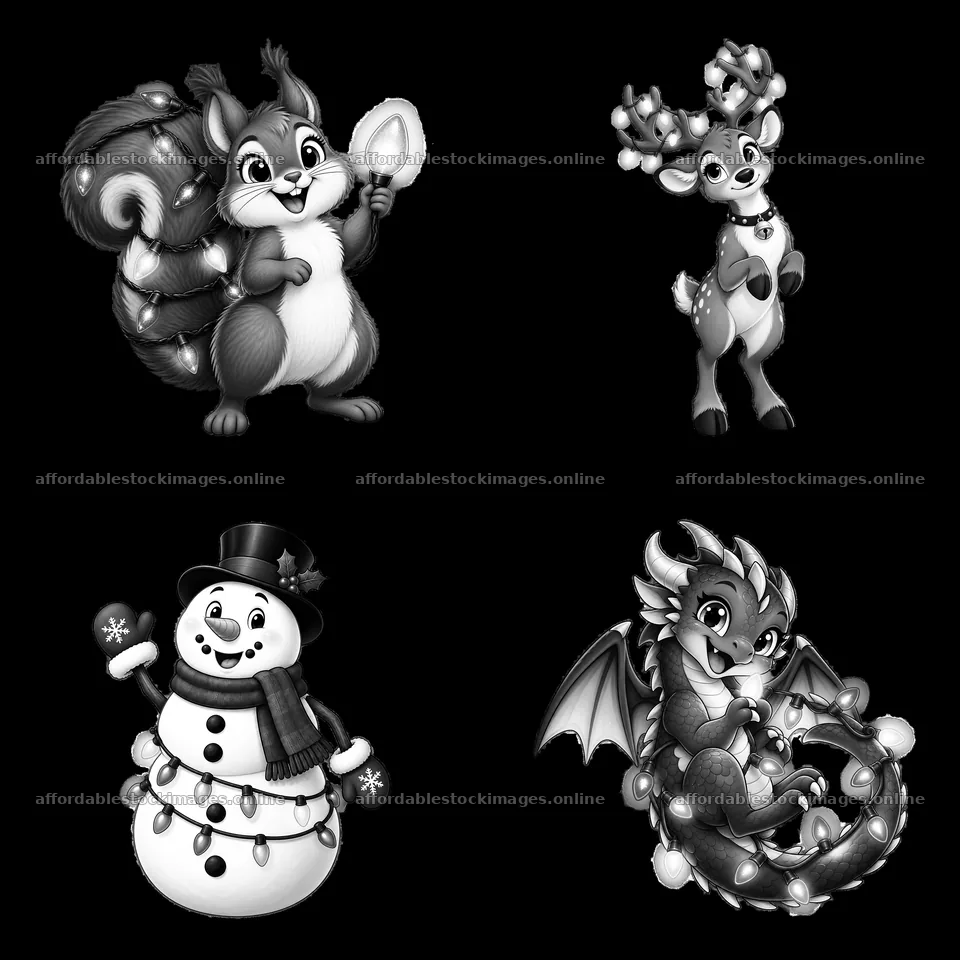 Squirrel, reindeer, snowman, and dragon in black and white – stock images 7746x7746