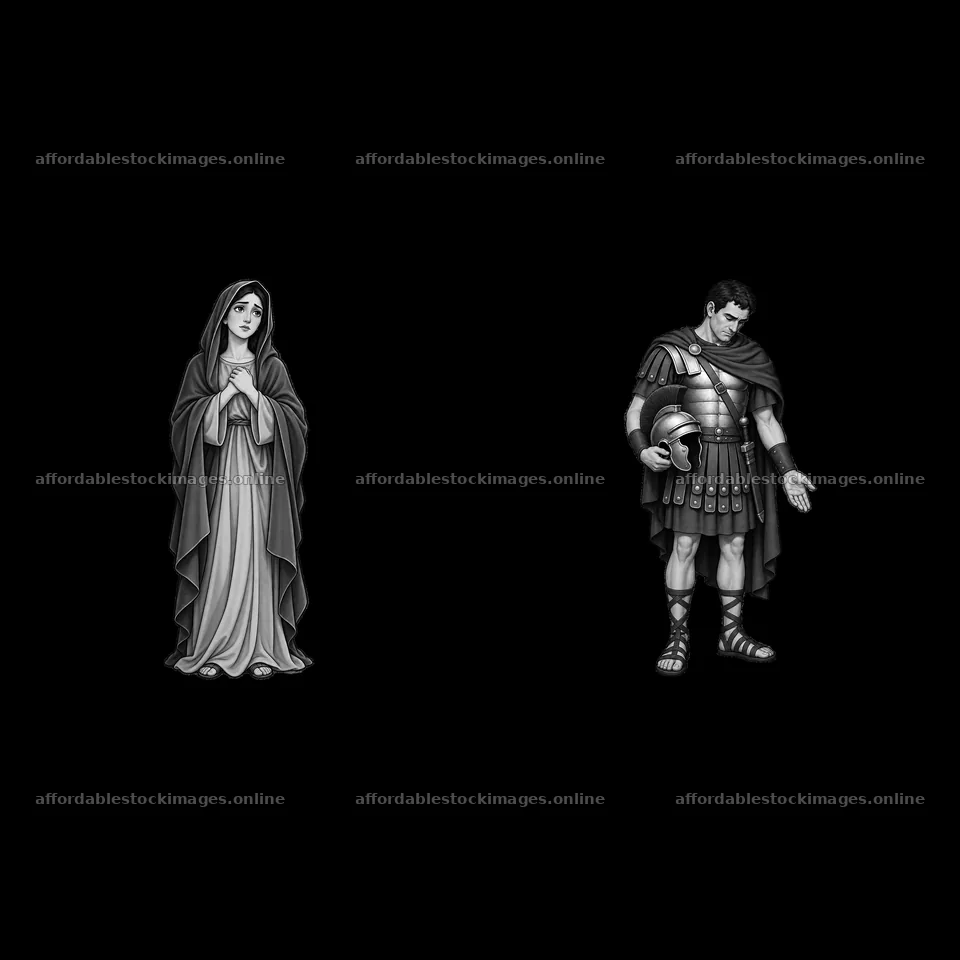 Mary and Roman soldier in a monochrome illustration – stock images 7746x7746