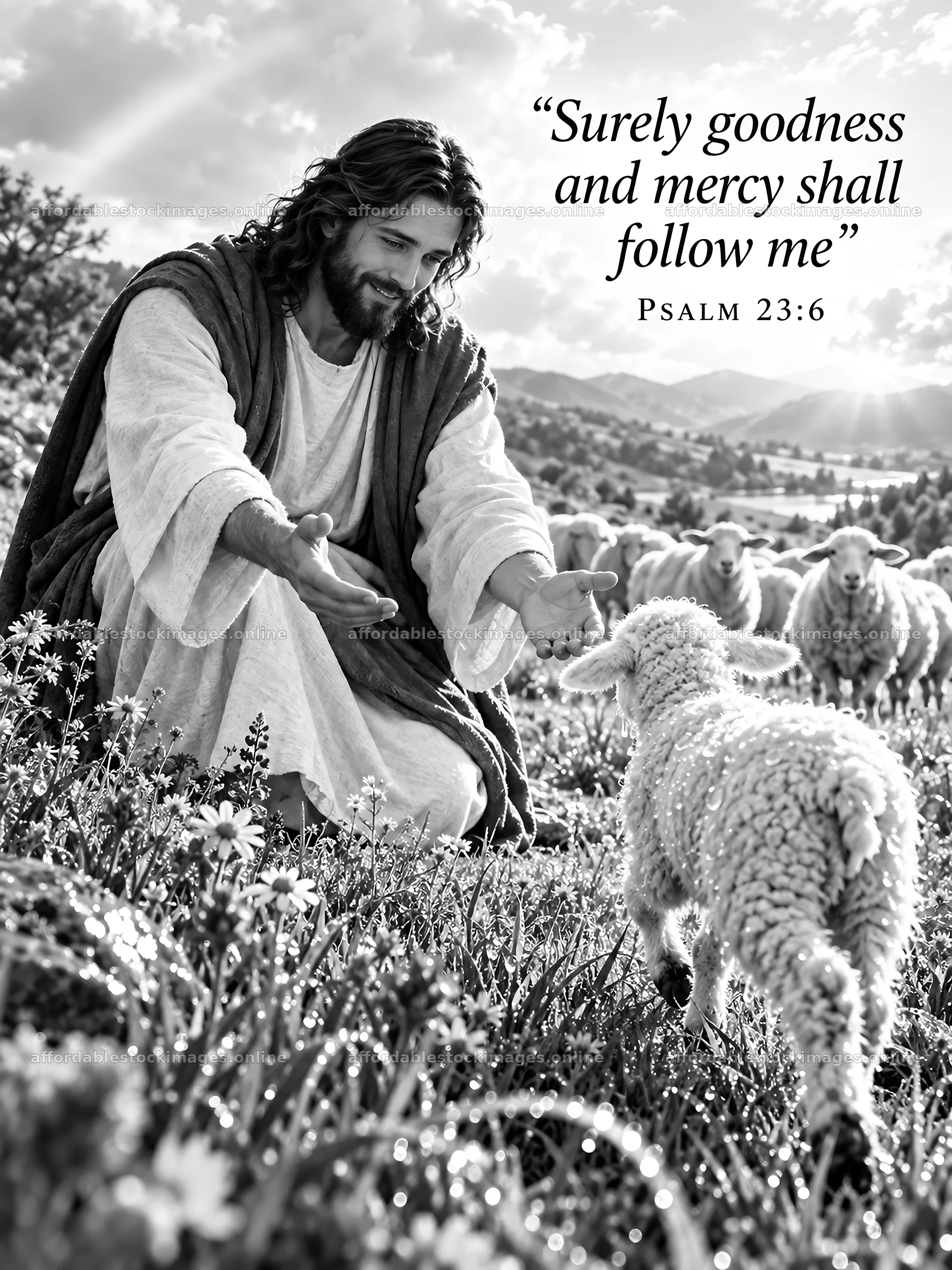 Jesus Christ reaching out to a lamb in a pastoral setting – stock images 6708x8945