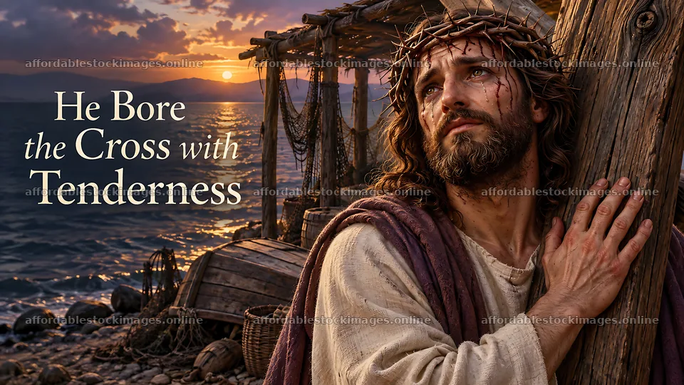 He bore the cross with tenderness at the seaside – stock images 10580x5954