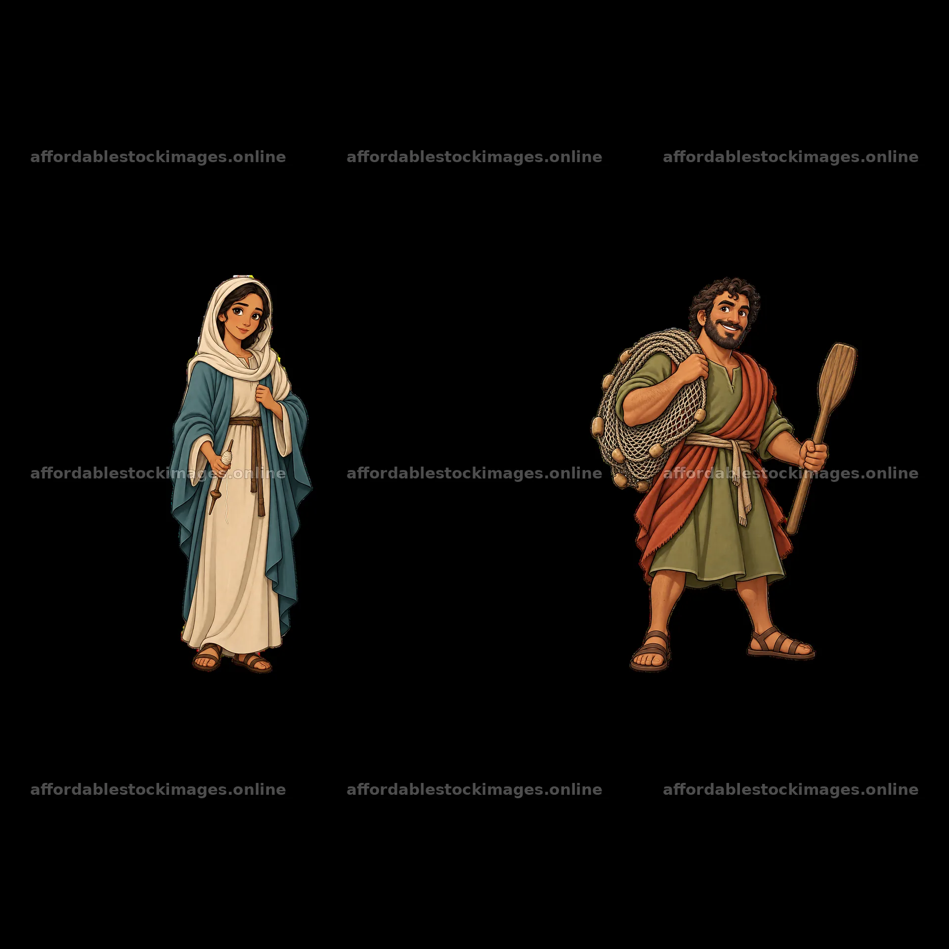 Jesus and Mary with fishing net and staff cartoon stickers – stock images 7746x7746
