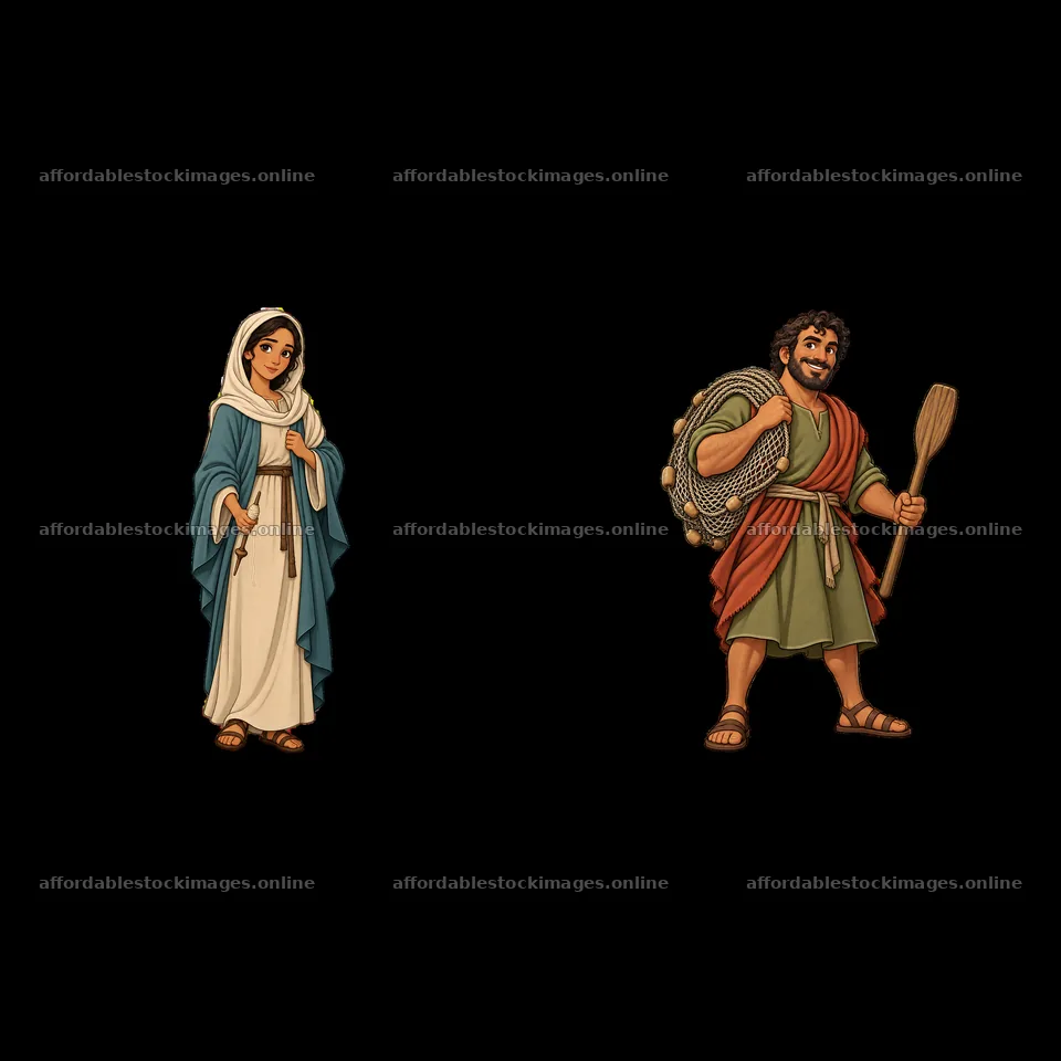 Jesus and Mary with fishing net and staff cartoon stickers – stock images 7746x7746
