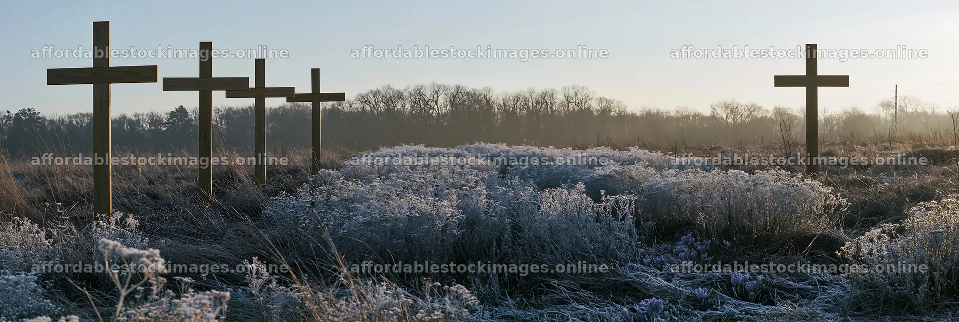 Four Christian crosses in winter meadow – stock images 13690x4602