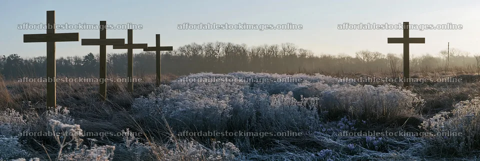 Four Christian crosses in winter meadow – stock images 13690x4602