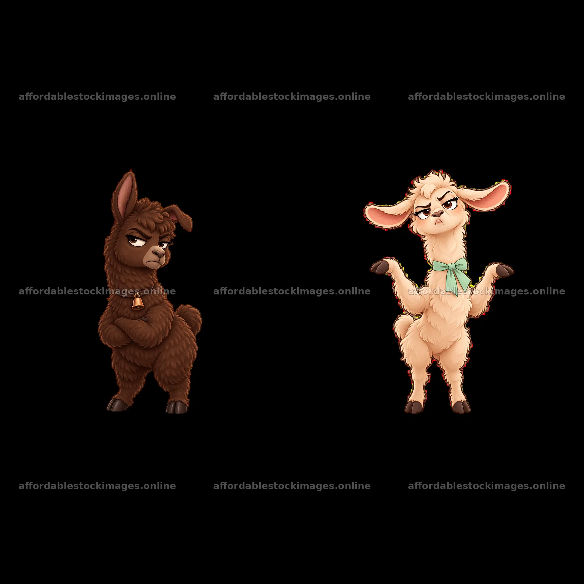 Grumpy llamas with different expressions in cartoon style – stock images 7746x7746