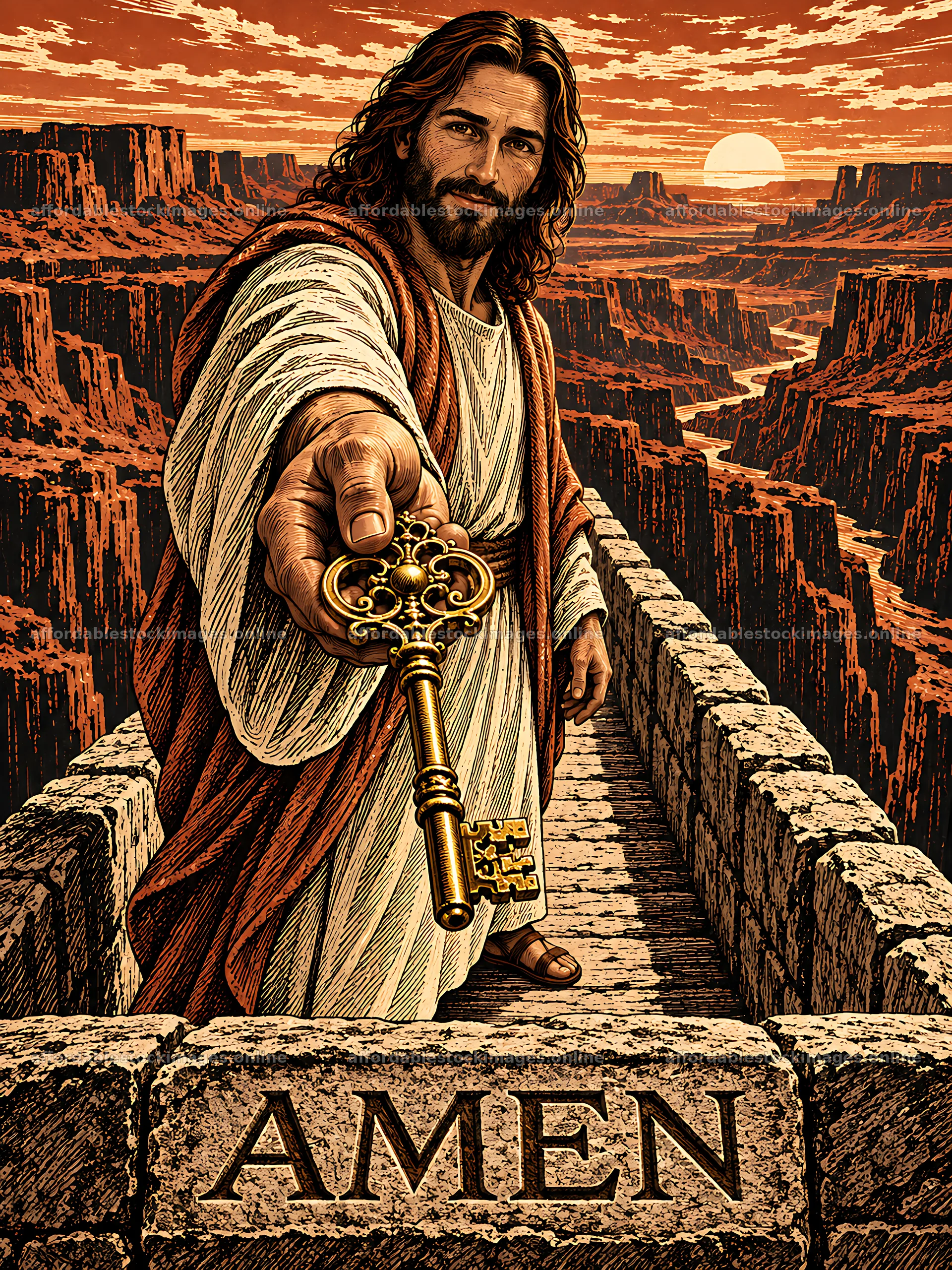 Canyon Crossing with a figure holding a key – stock images 6874x9166