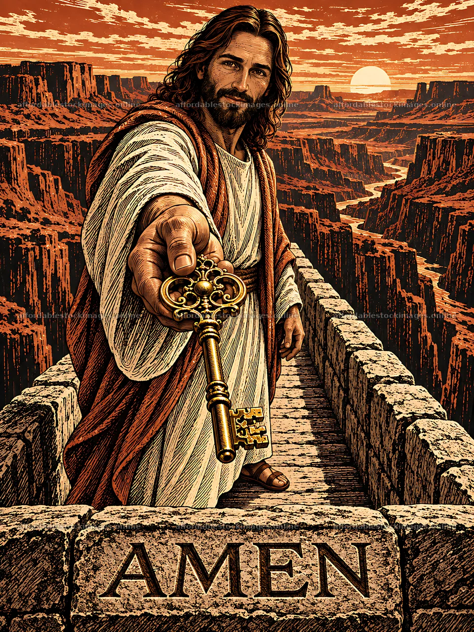 Canyon Crossing with a figure holding a key – stock images 6874x9166