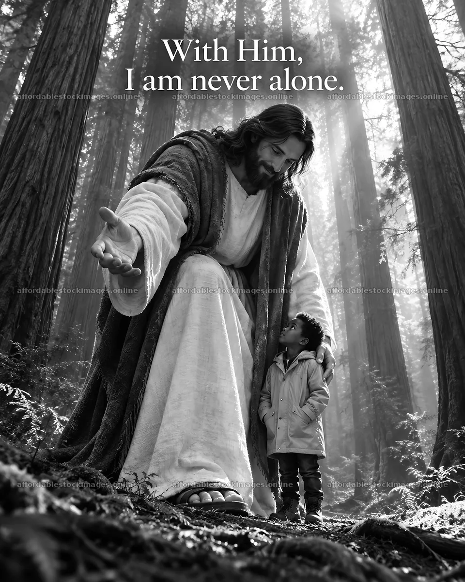 Jesus Christ comforting a child in a forest – stock images 6930x8659