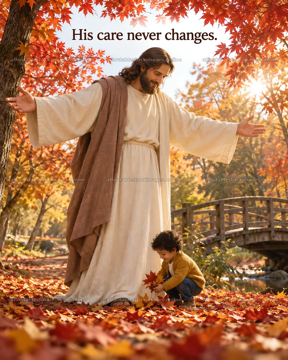 Jesus Christ comforting a child in a vibrant autumn setting – stock images 6930x8659