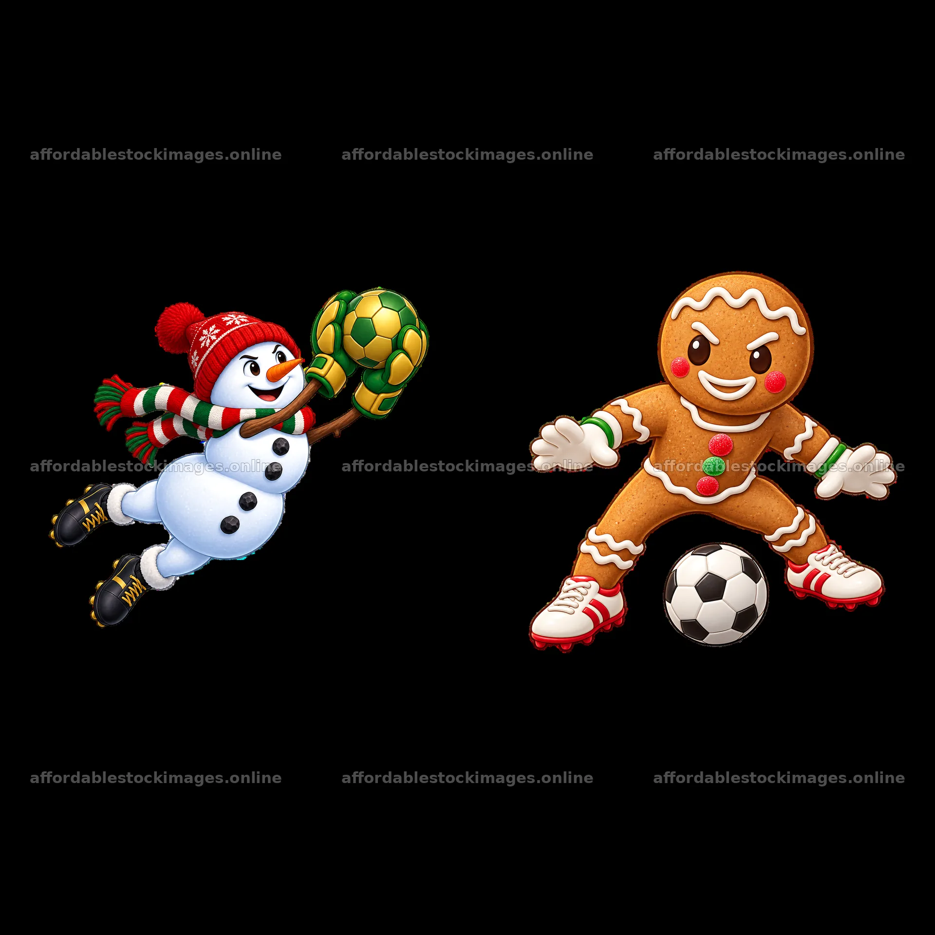 Snowman and gingerbread man playing soccer for Christmas – stock images 7746x7746