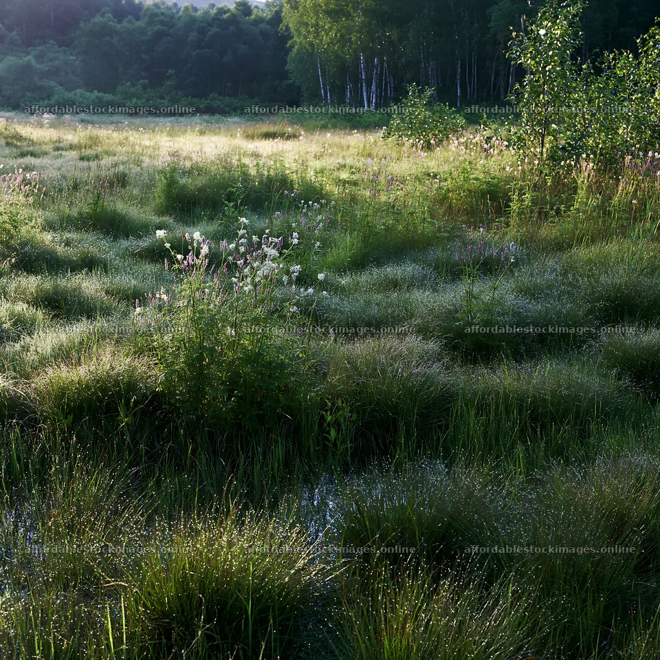Expansive Hokkaido restoration meadow with dewdrops – stock images 7938x7938