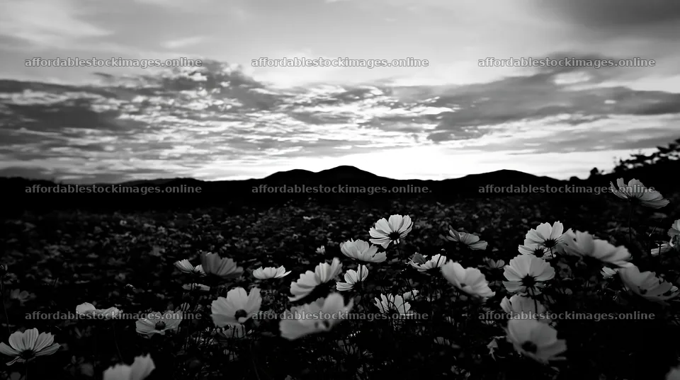 Colorful cosmos meadow at sunset with mountain backdrop – stock images 10608x5938