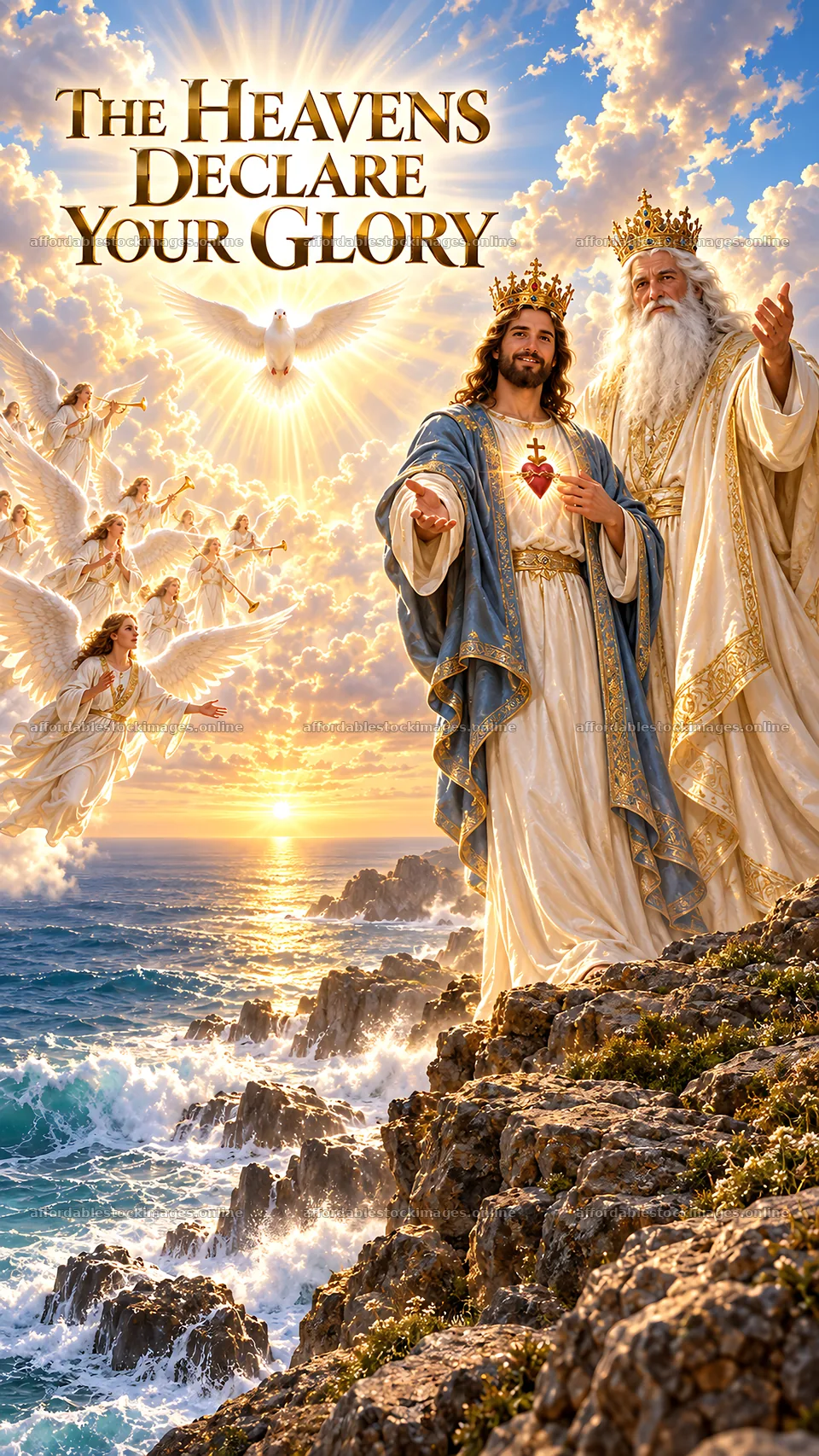 Jesus Christ stands with God the Father in a heavenly scene – stock images 5811x10326