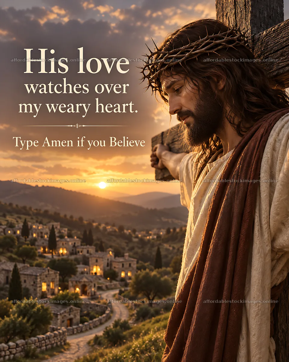 Hope above the village at sunset with a religious figure – stock images 7100x8872
