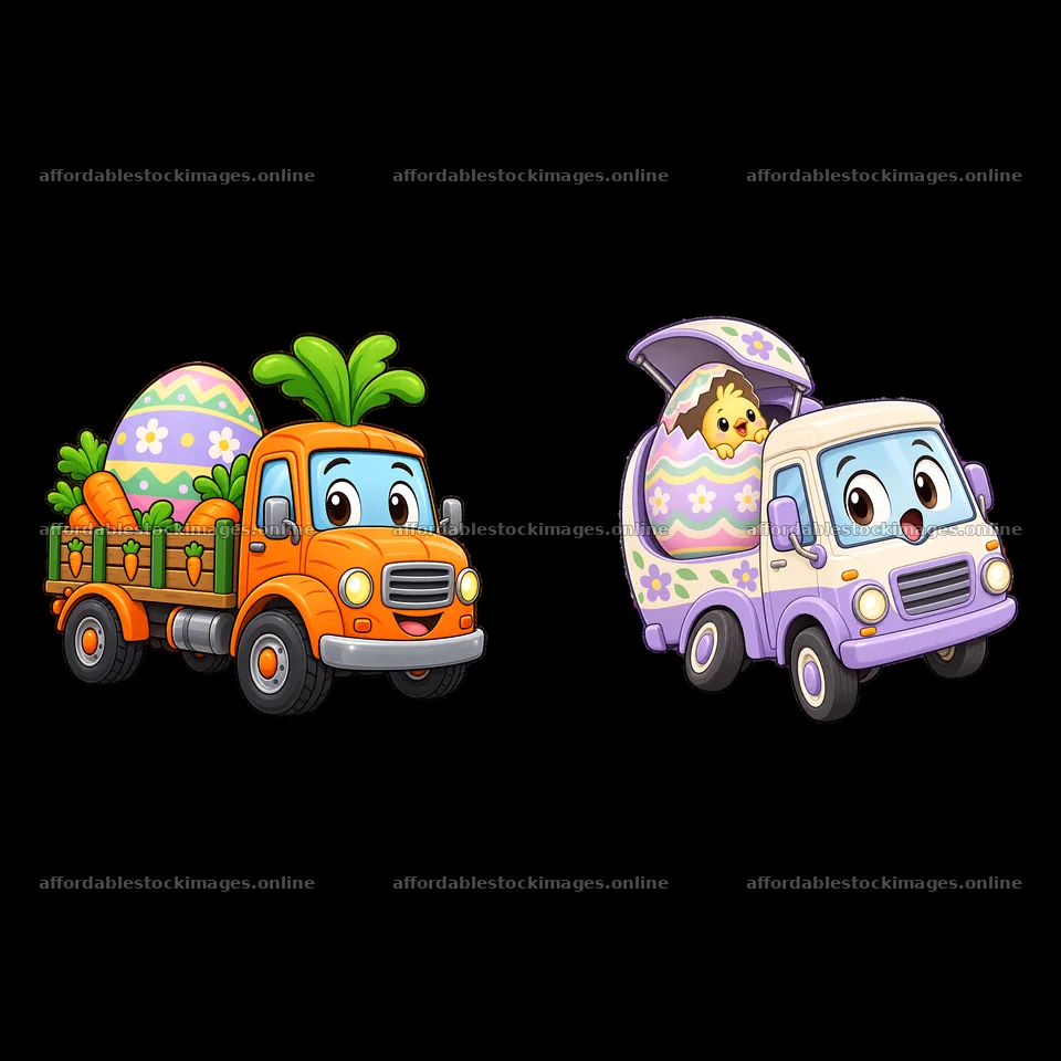 Easter trucks with colorful eggs and cheerful animals – stock images 7746x7746