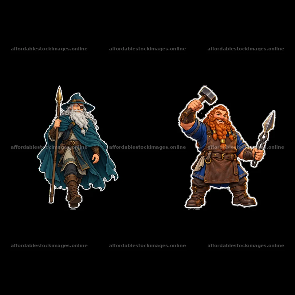Odin and Thor cartoon stickers featuring Norse mythology – stock images 7746x7746