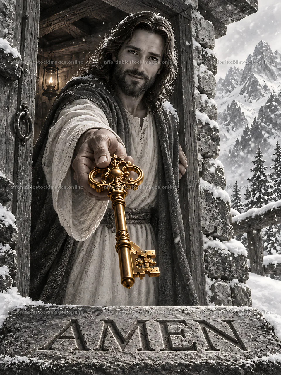 Key bearer at a mountain refuge in winter – stock images 6874x9166