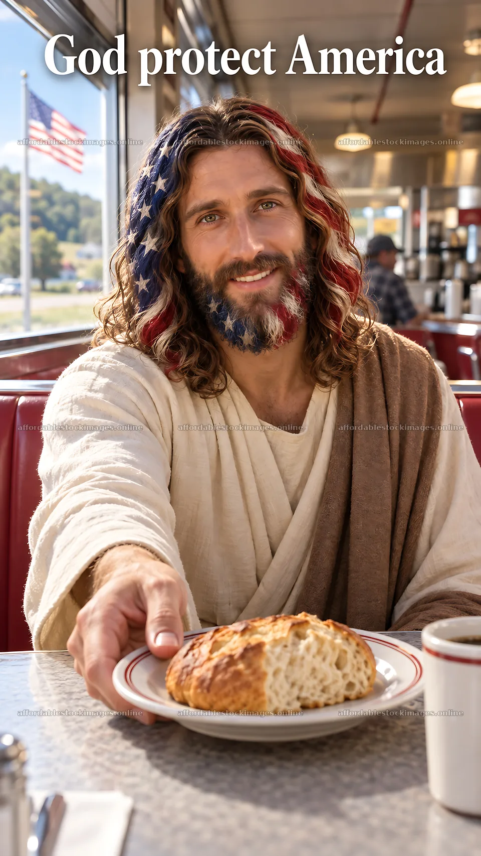 Jesus Christ welcomes with bread in a diner setting – stock images 5811x10326
