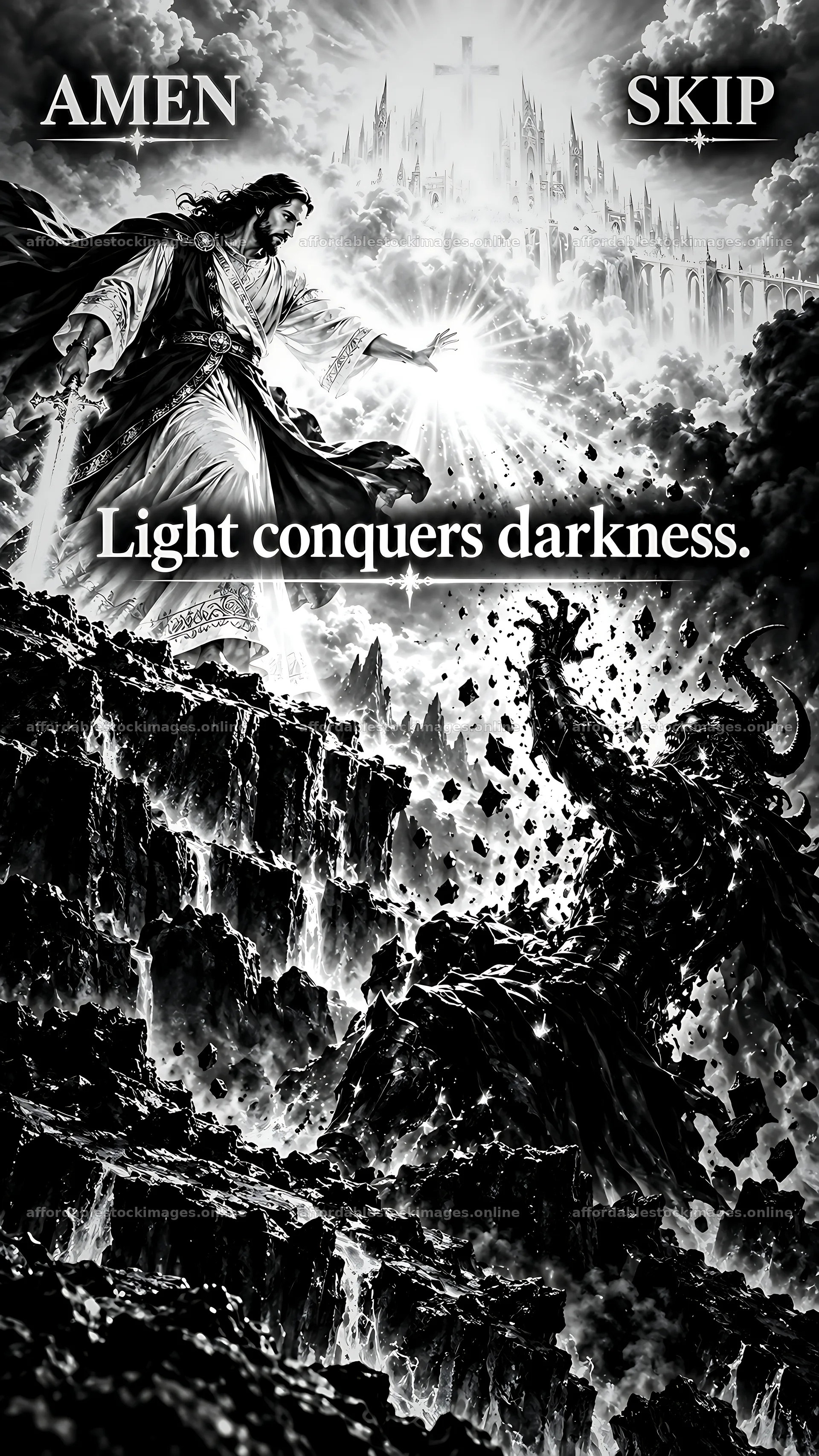 Jesus Christ conquers darkness with light – stock images 5954x10580