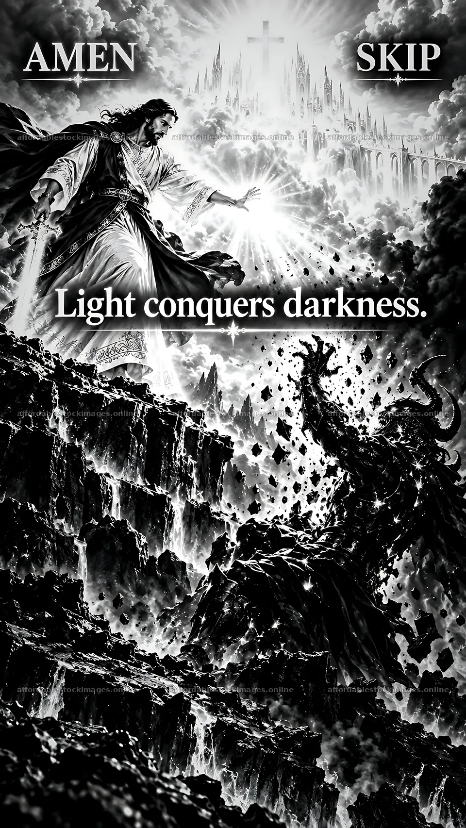 Jesus Christ conquers darkness with light – stock images 5954x10580