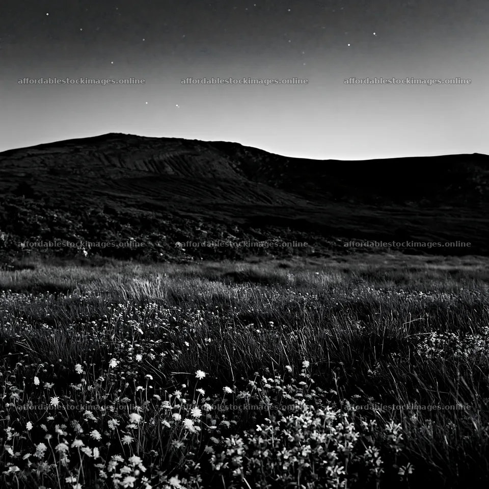 Dark sky meadow with stars above and wildflowers below – stock images 7938x7938