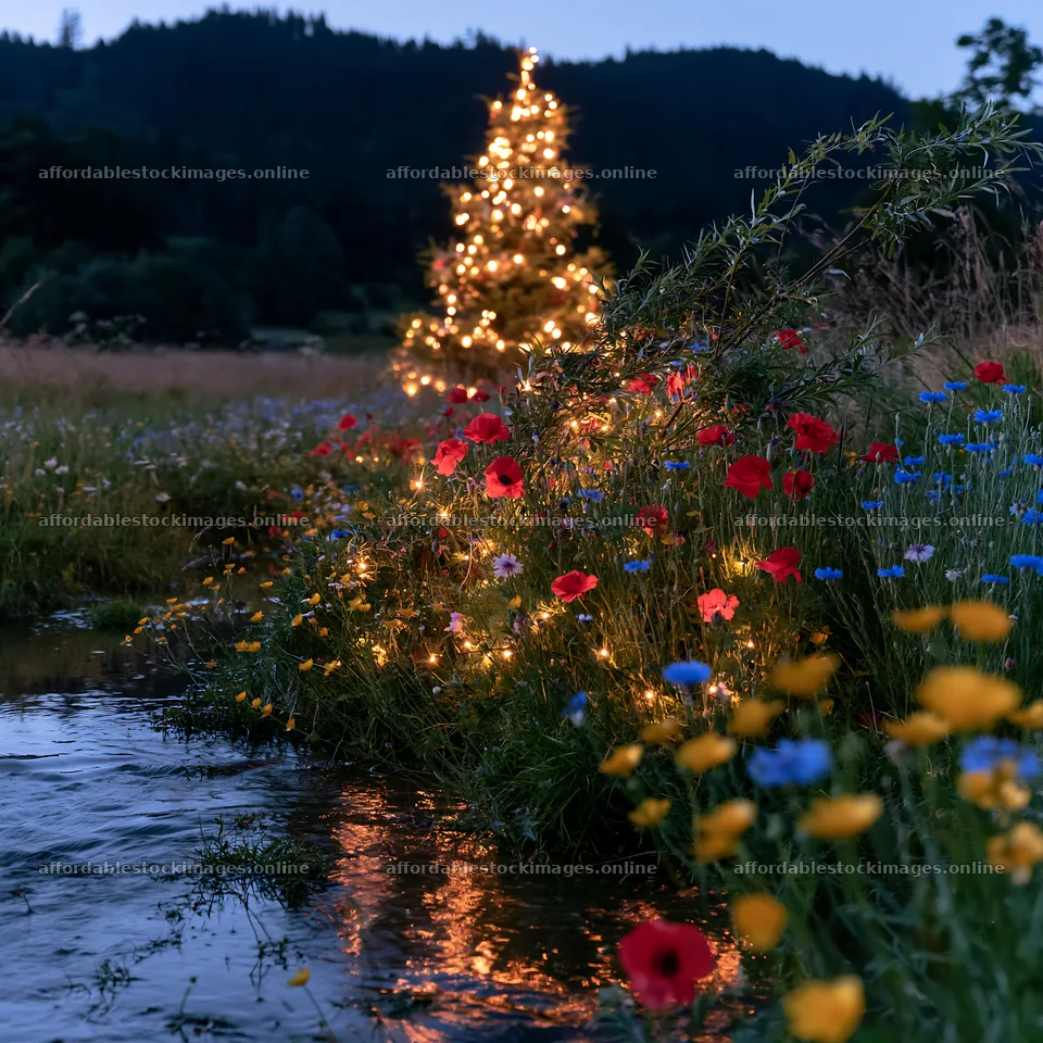 Christmas tree with lights by stream in meadow – stock images 7938x7938