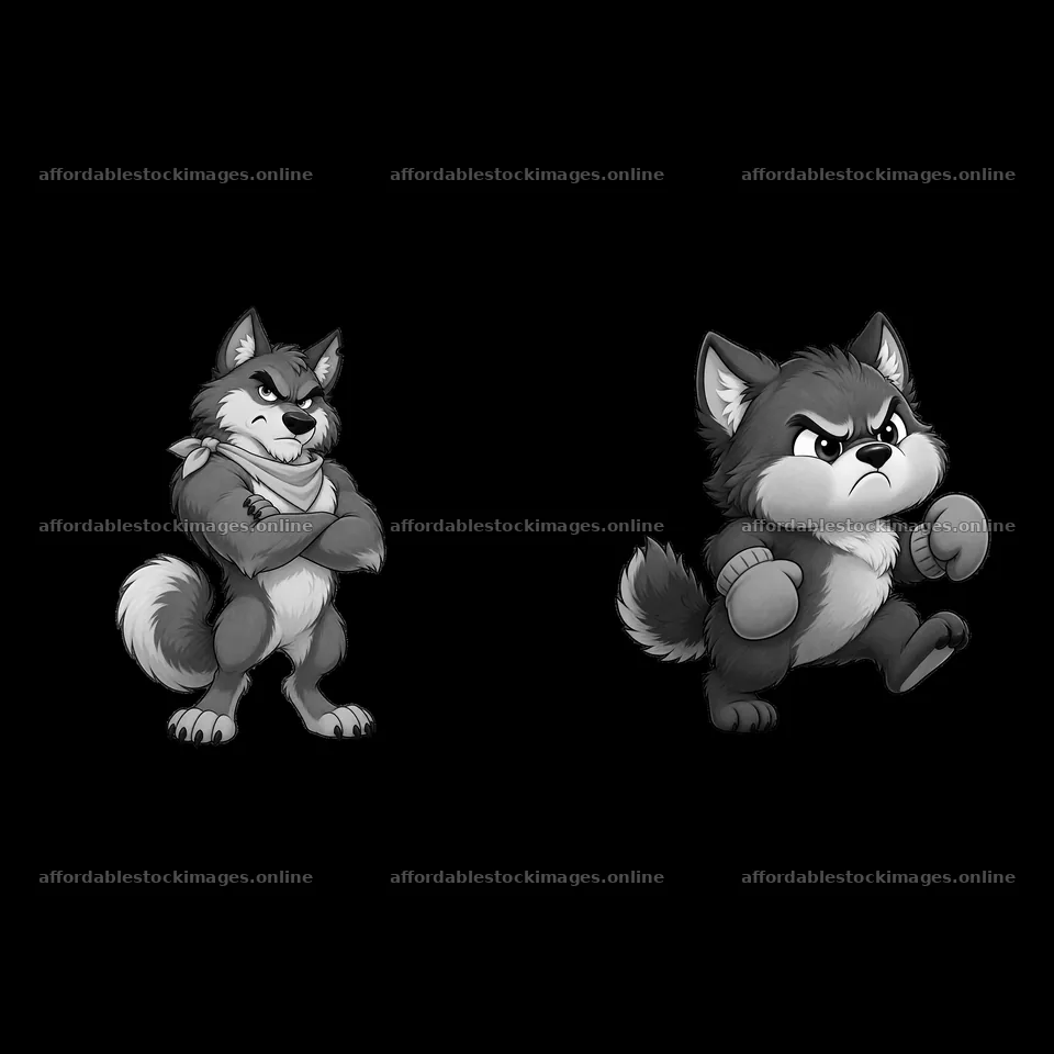 Grumpy wolf cartoon stickers in a pair with varied expressions – stock images 7746x7746