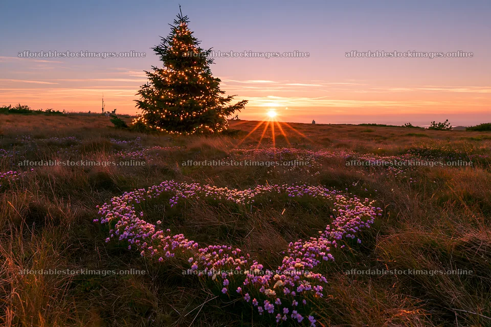 Christmas tree in meadow with flowers and sunset sky – stock images 9722x6480