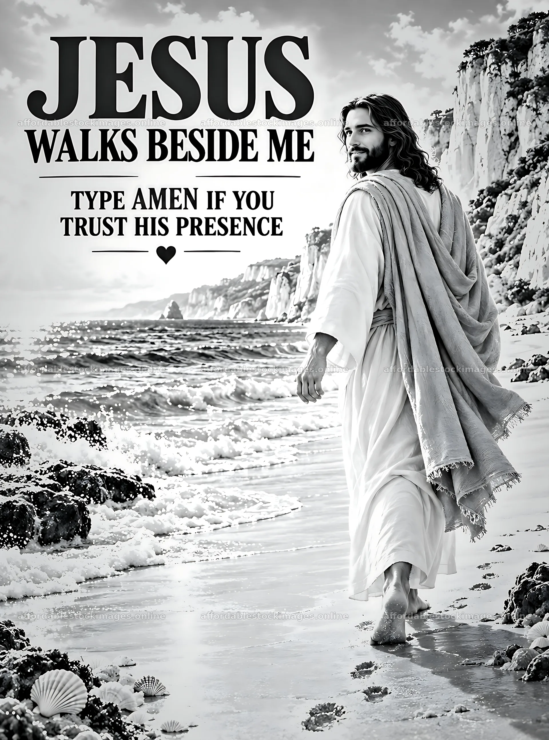 Jesus walks along the shore with a scenic backdrop – stock images 6836x9216