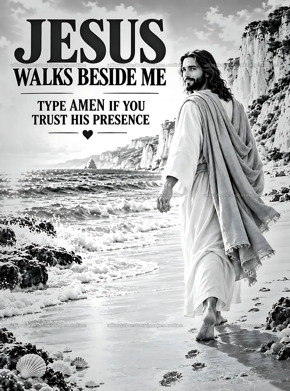 Jesus walks along the shore with a scenic backdrop – stock images 6836x9216