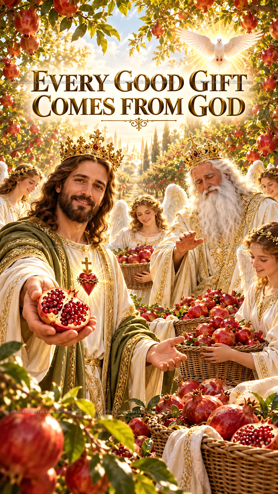 Jesus Christ sharing pomegranates with followers in a garden – stock images 5811x10326