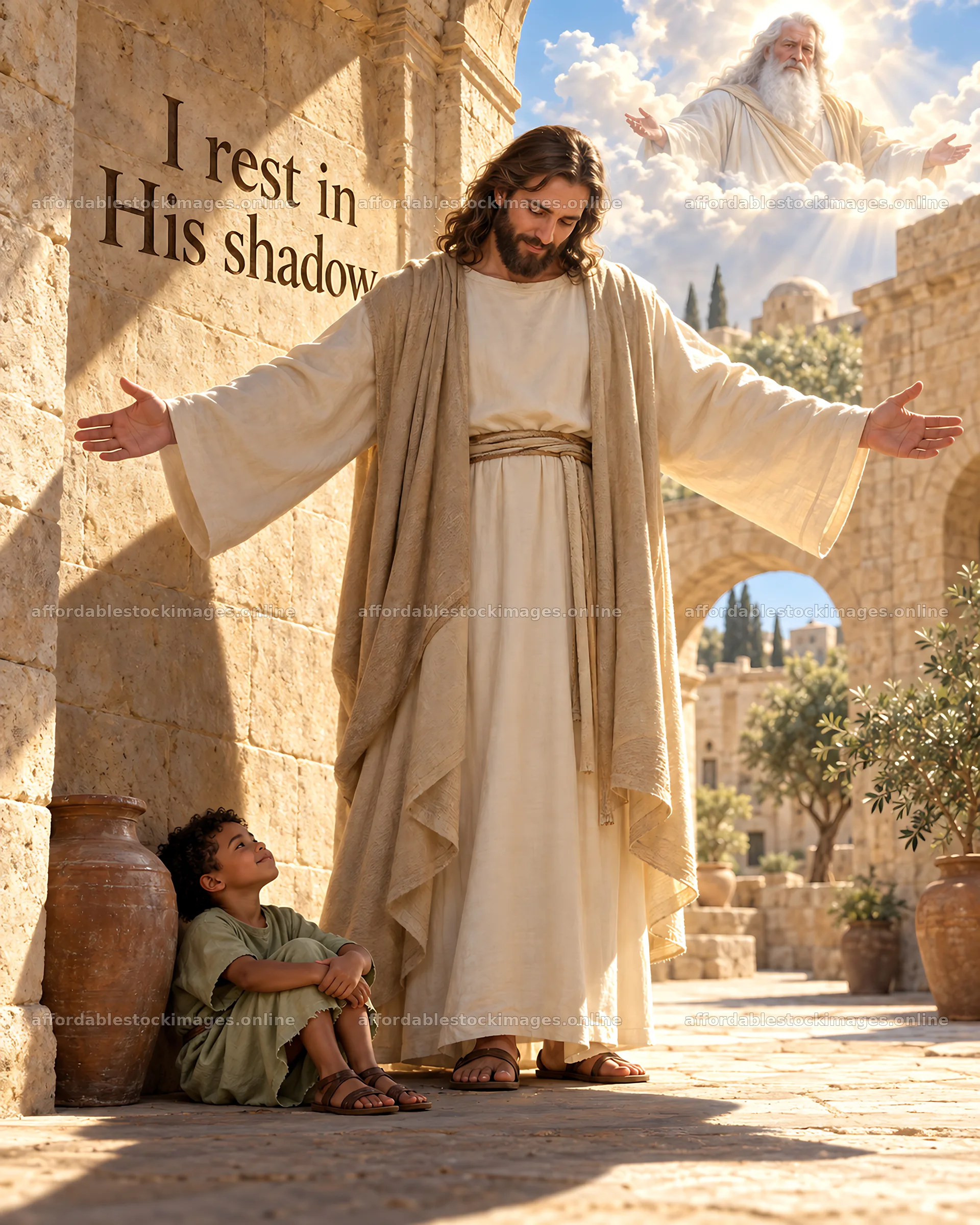 Jesus Christ comforting a child in a sunny courtyard – stock images 6930x8659