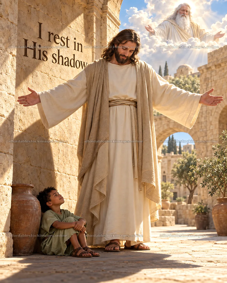 Jesus Christ comforting a child in a sunny courtyard – stock images 6930x8659