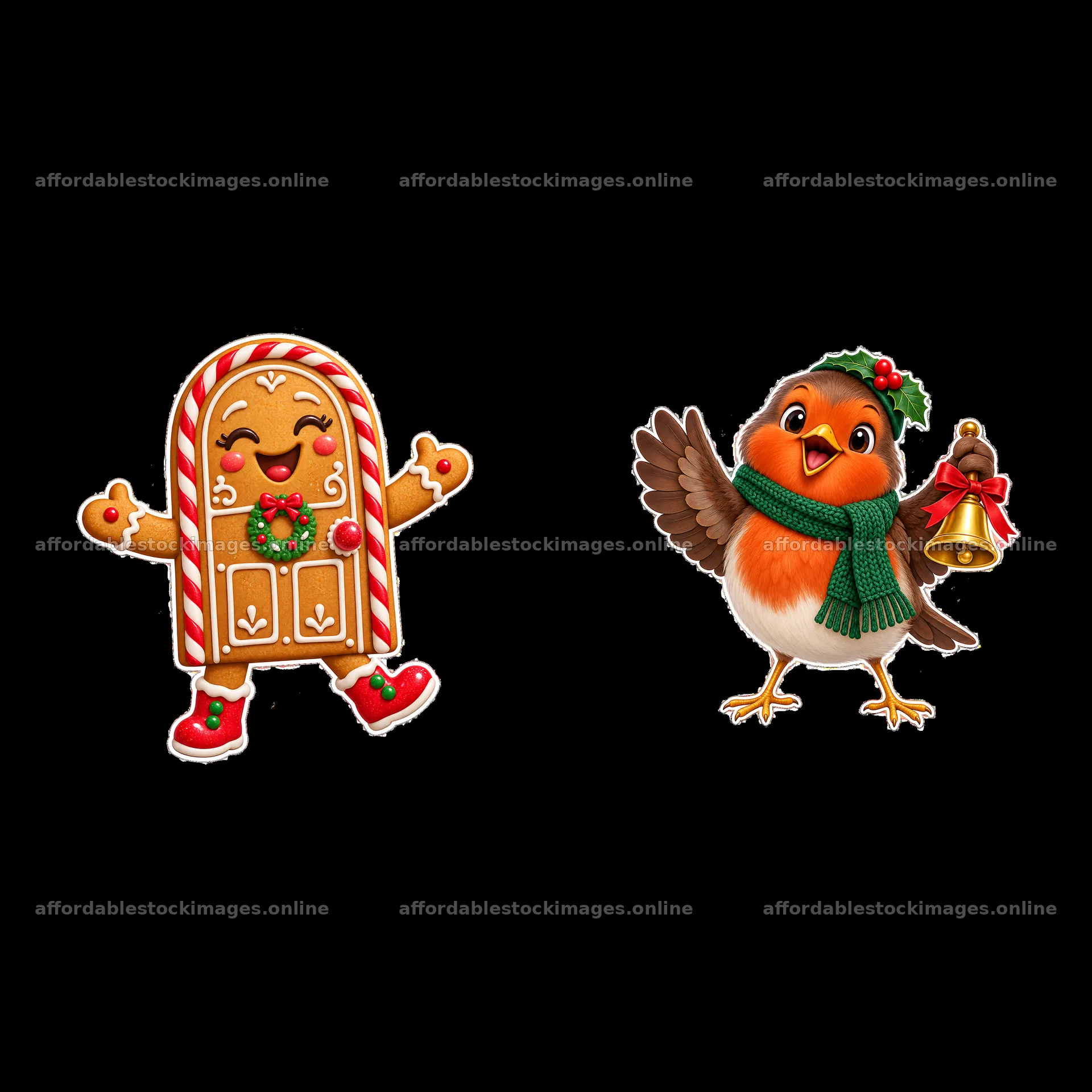 Gingerbread cookie and cheerful bird celebrating Christmas – stock images 7746x7746