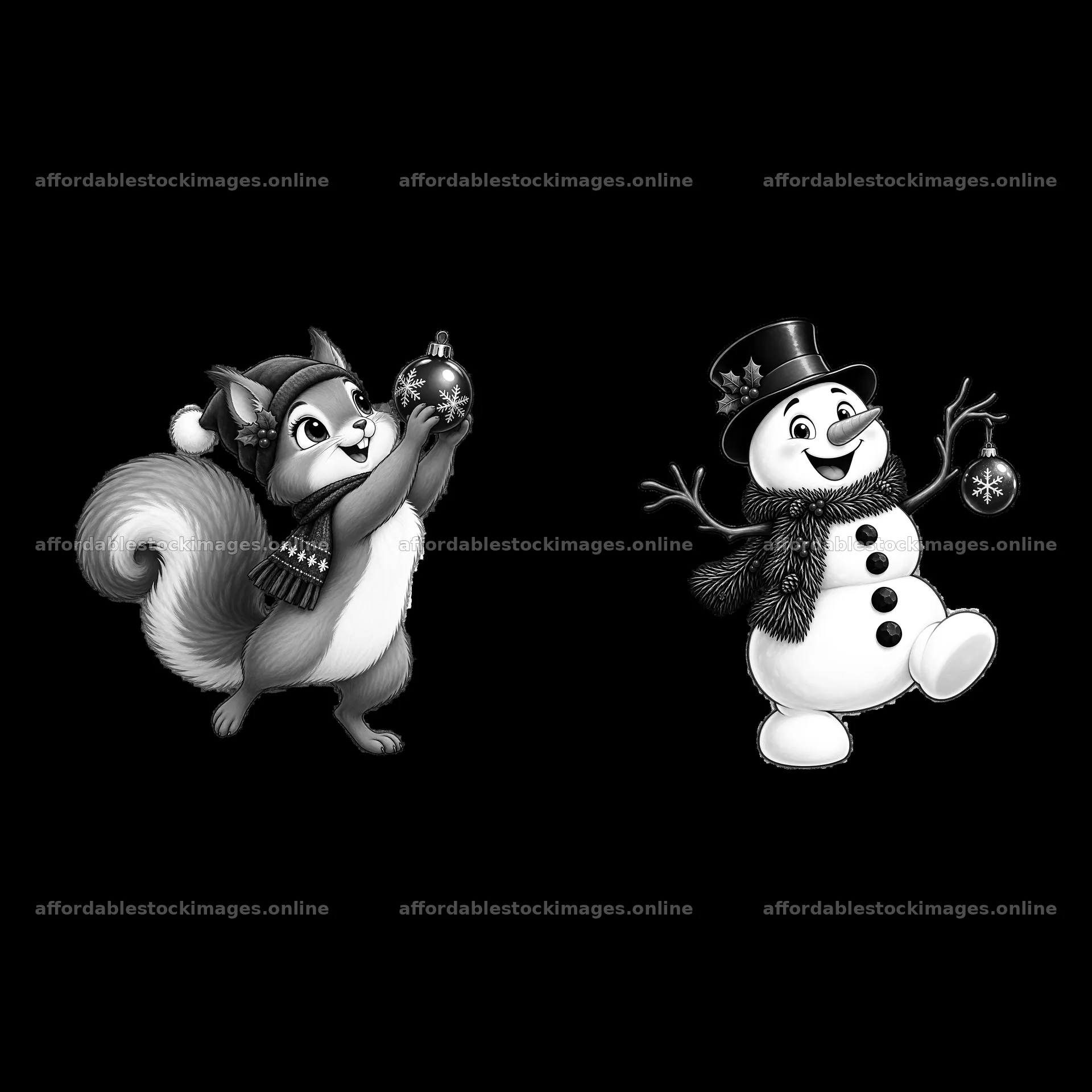 Squirrel and snowman holding Christmas ornaments in black and – stock images 7746x7746