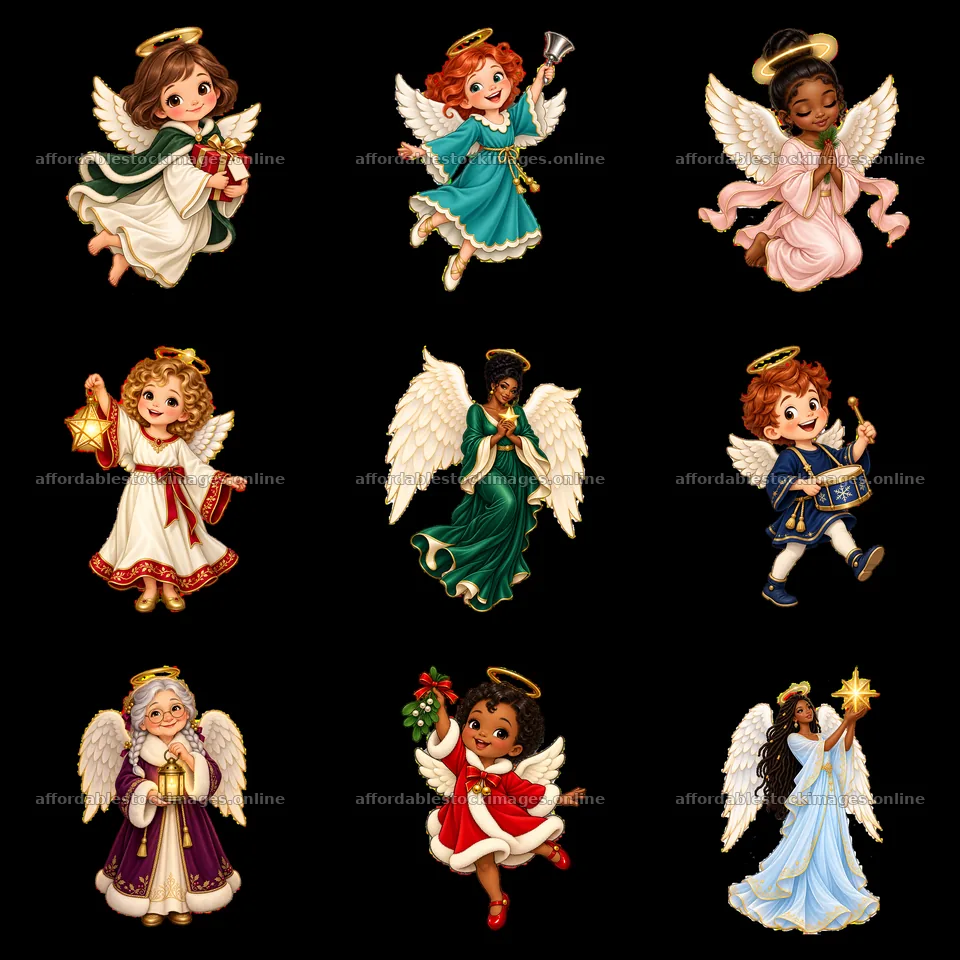 Cartoon angel stickers featuring diverse characters in festive – stock images 7746x7746