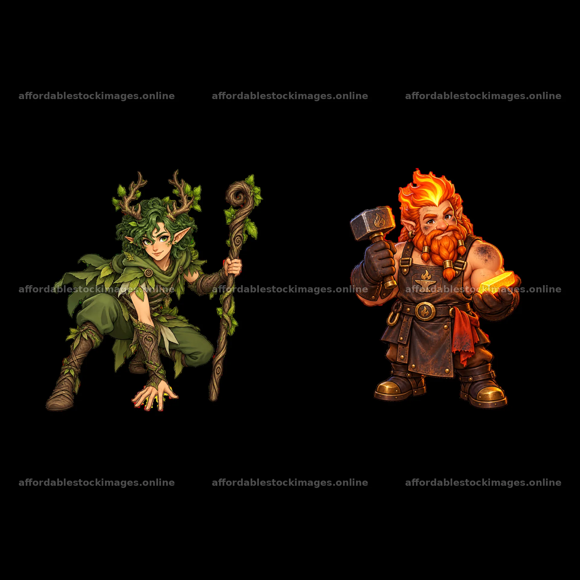 Two cartoon figures of pagan gods with nature and fire elements – stock images 7746x7746