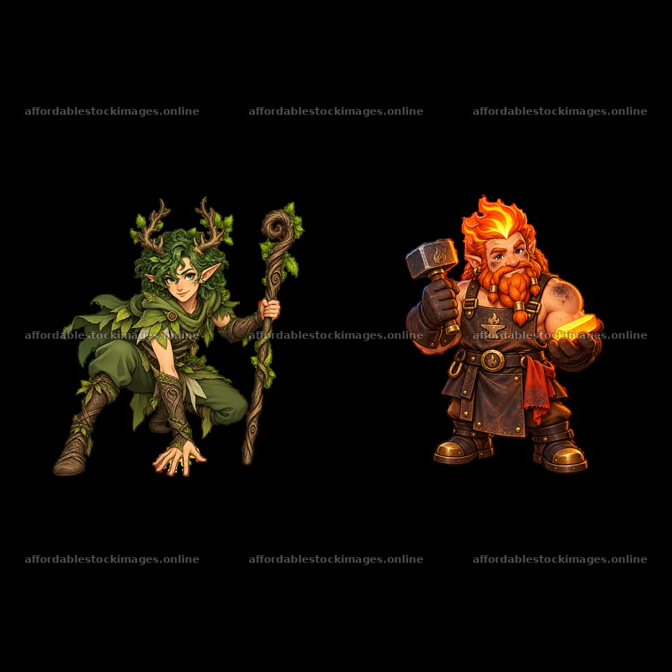 Two cartoon figures of pagan gods with nature and fire elements – stock images 7746x7746