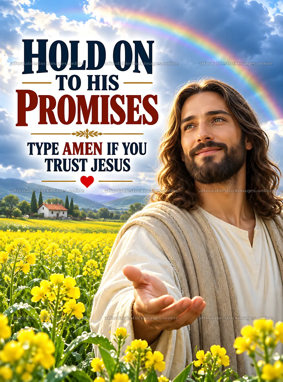 Hold on to his promises in a field with a rainbow – stock images 6836x9216