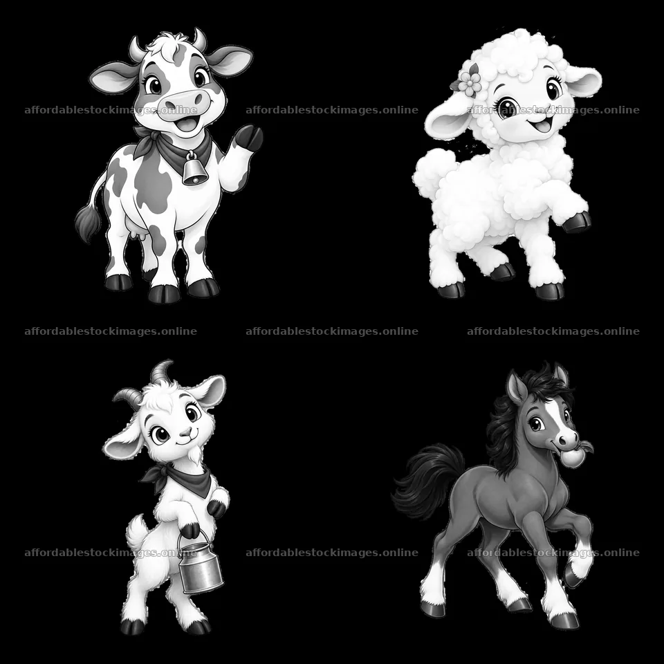Farm animal cartoon stickers with cow, sheep, goat, and horse – stock images 7746x7746