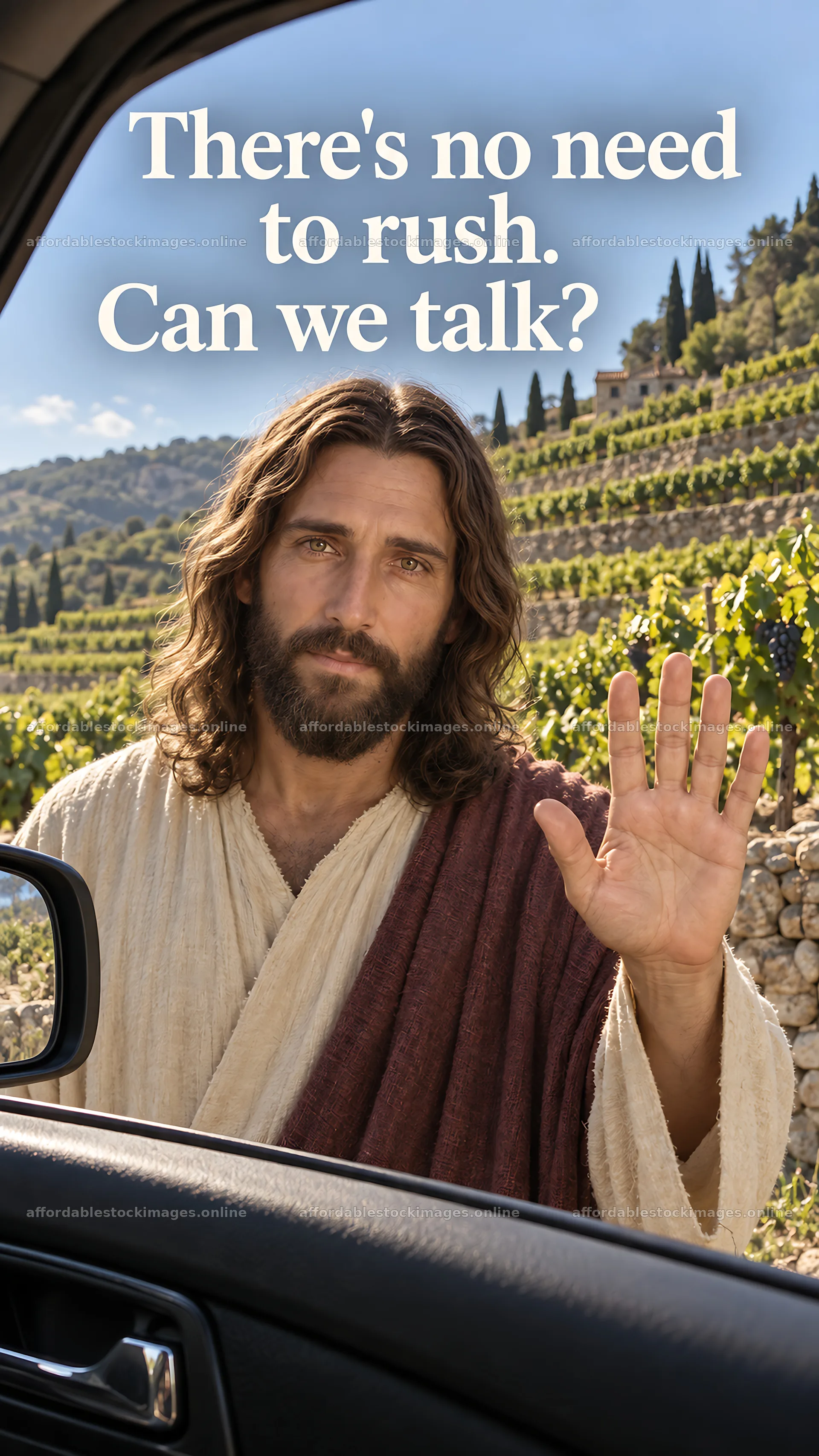 Jesus Christ welcomes with open hand and speaks to viewer – stock images 5811x10326