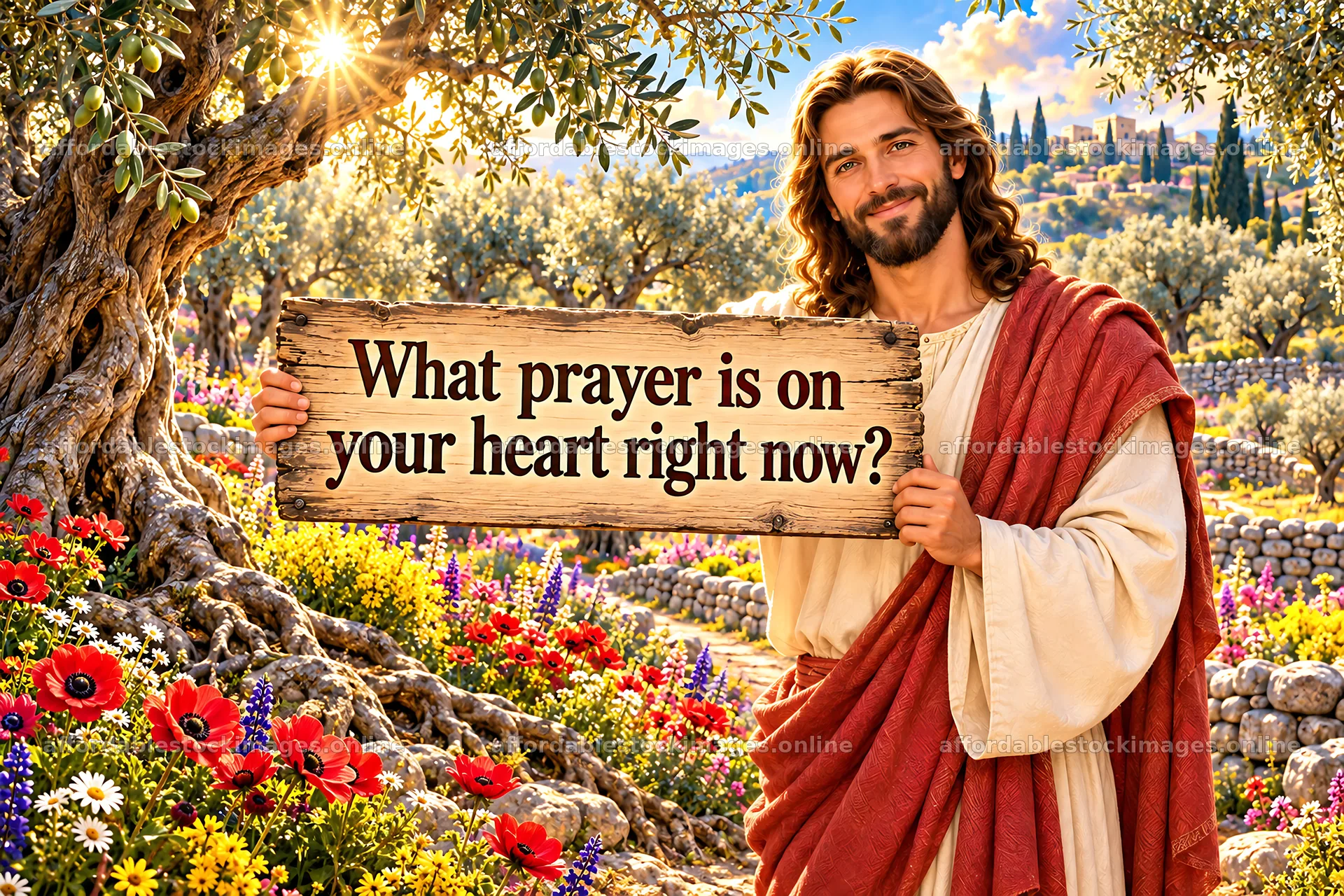 Jesus Christ holding a sign in a garden – stock images 9487x6325