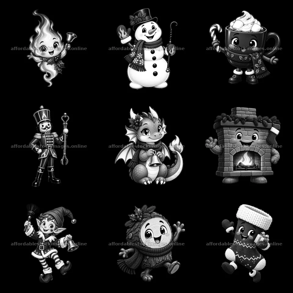 Monochrome nine cartoon figure stickers in a square arrangement – stock images 7746x7746