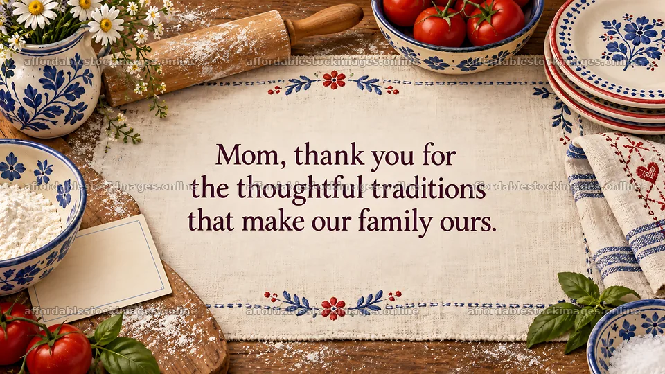 Mother's Day family tradition greeting on rustic table – stock images 10324x5812