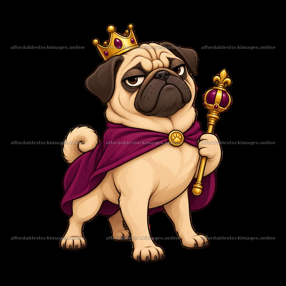 Grumpy dog wearing a crown and cape holding a royal scepter – stock images 7746x7746