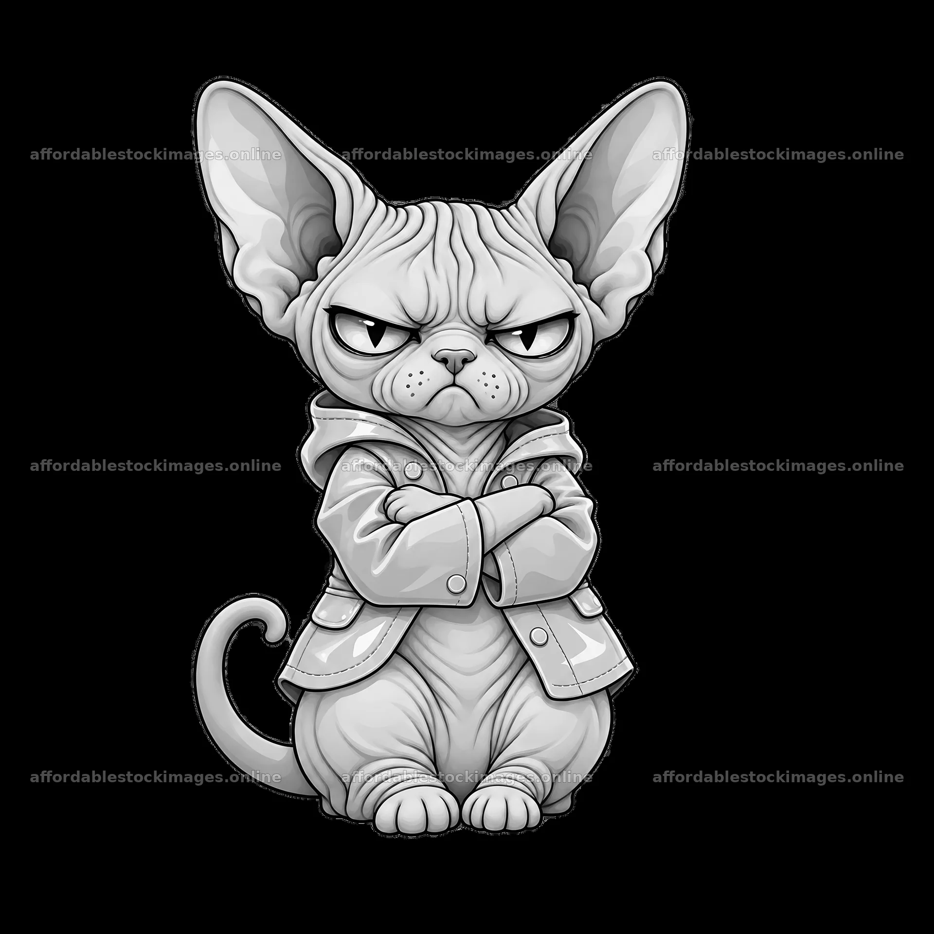 Kawaii grumpy cat with crossed arms wearing a coat – stock images 7746x7746