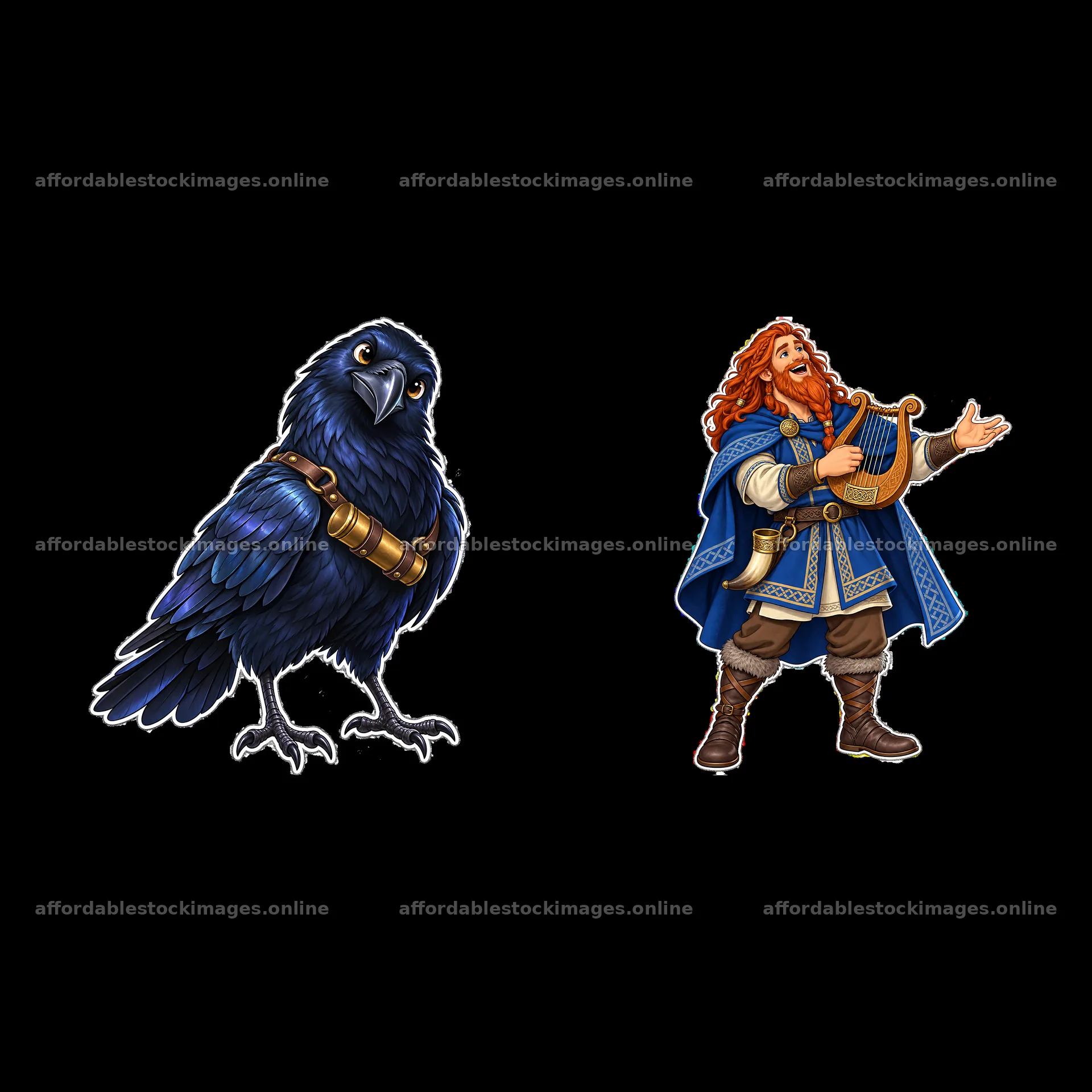 Odin with raven and lyre in Norse mythology cartoon sticker – stock images 7746x7746